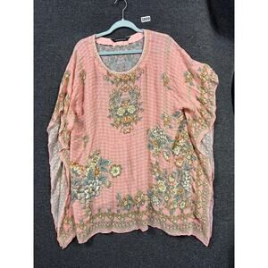 Nirraamyaa Blouse Womens One Size Pink Floral Sheer Embroidered Top Boho Poncho